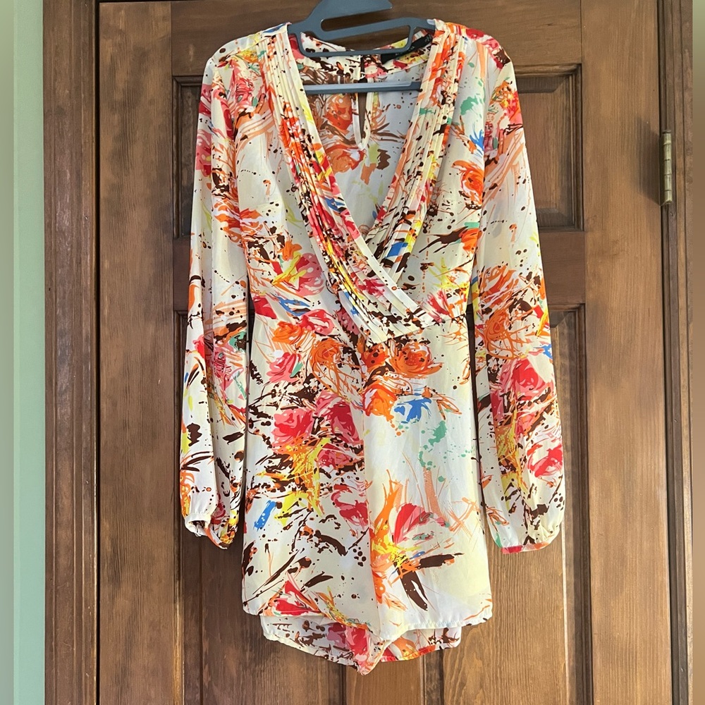 Ark & Co Sz Small Long Sleeve Romper. Wrap over V-Neck front. Cropped Sheer Back